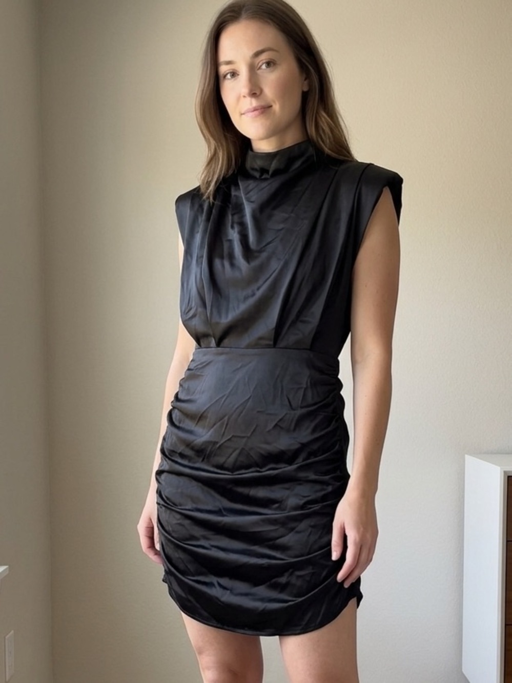 LYANER Black Satin Mini Dress Mock Neck Sleeveless Ruched Bodycon Size L